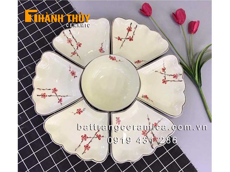 Bộ đồ ăn hoa mặt trời men kem cao cấp Gốm sứ Bát Tràng đẹp