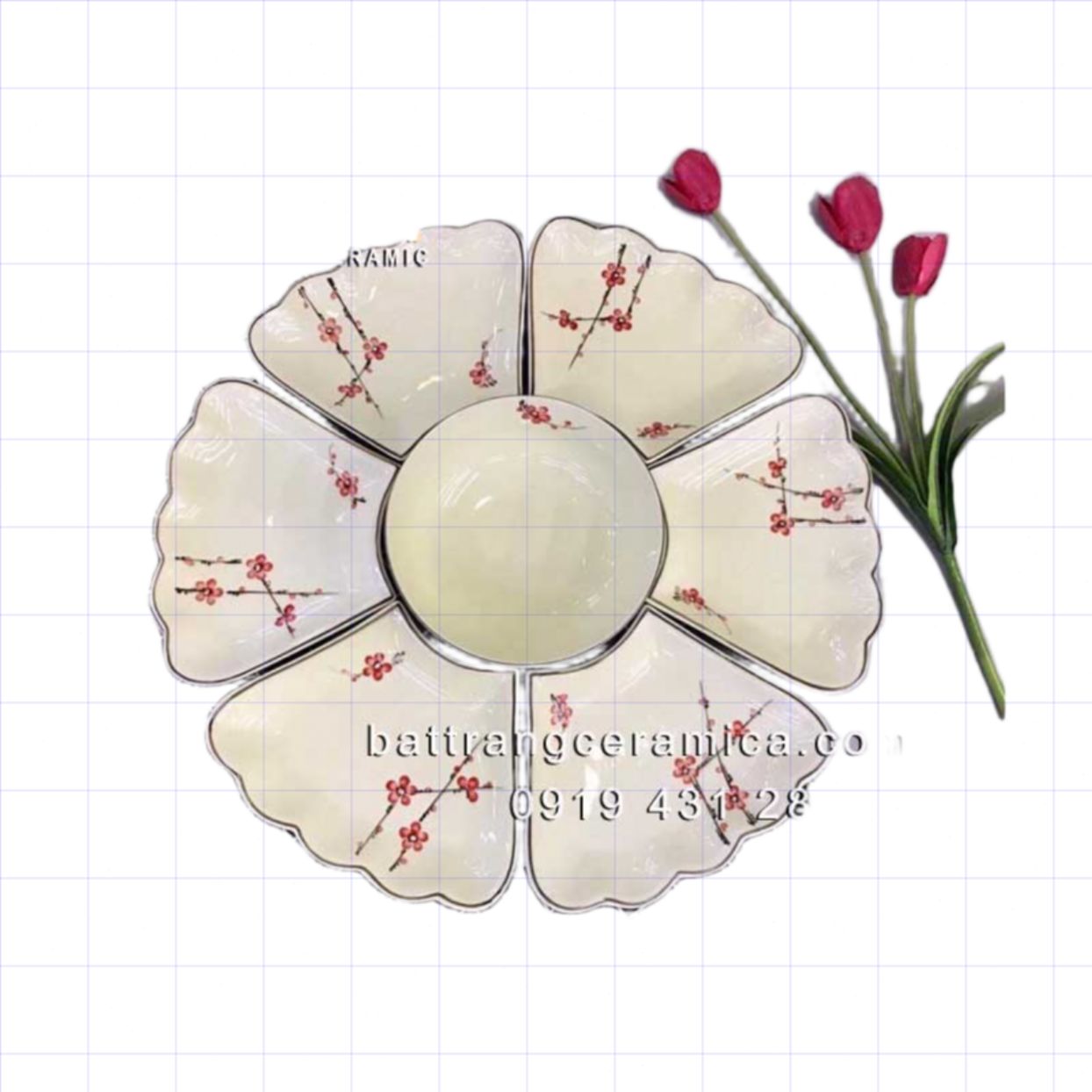 Bộ đồ ăn hoa mặt trời men kem cao cấp Gốm sứ Bát Tràng đẹp 