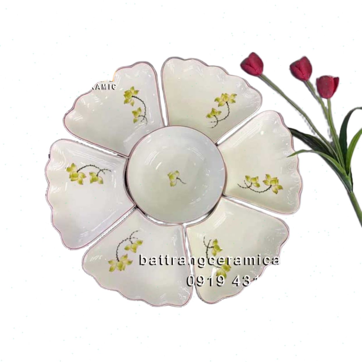 Set đĩa mâm cỗ hoa mặt trời men kem Bát Tràng sang trọng 