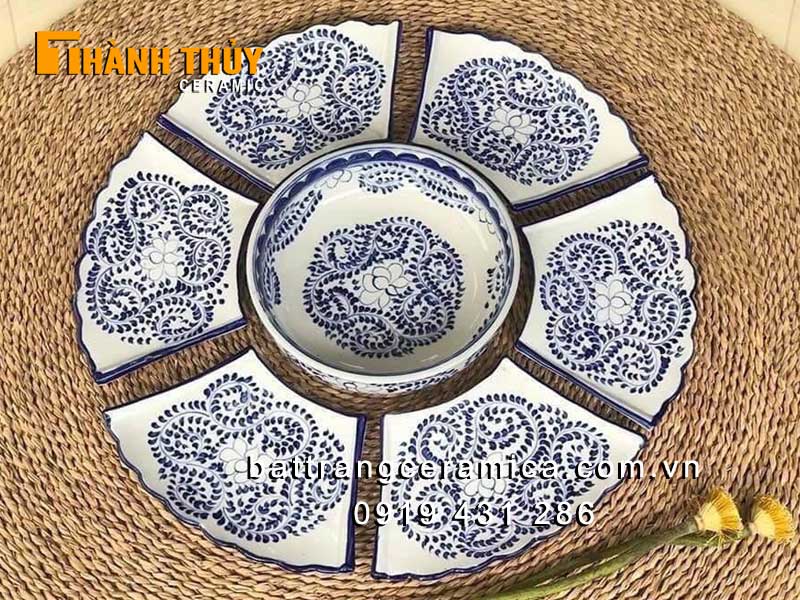 bộ khay mâm cỗ hoa cao cấp bát tràng 7 món tặng quà sang trọng