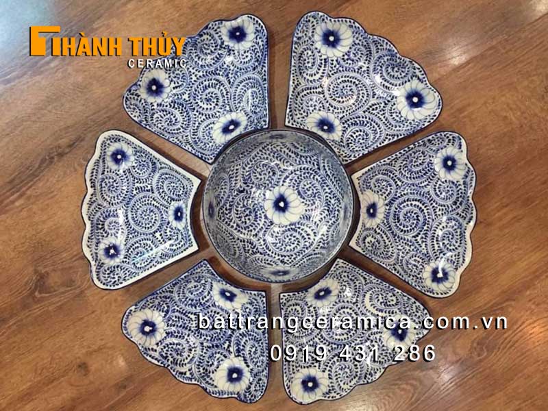 Bộ đĩa mâm cỗ hình bông hoa 7 món gốm sứ Bát Tràng đẹp giá tốt