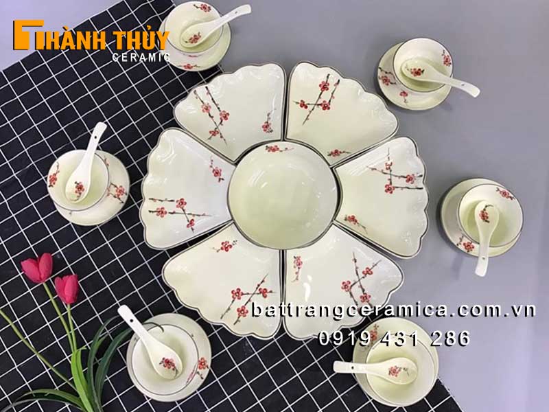 Bộ bát đĩa mâm cỗ hoa đào sang trọng đẹp chuẩn Bát Tràng 