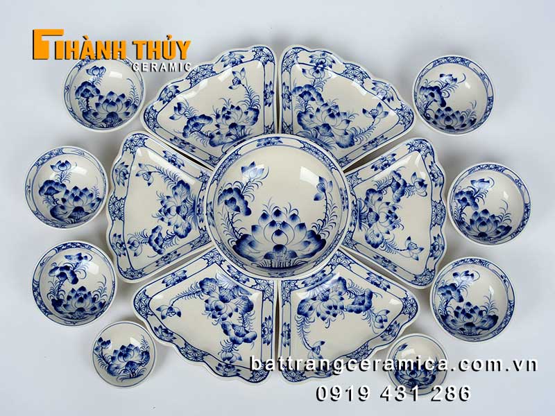 Bộ bát đĩa hoa mặt trời Sen xanh 45cm cao cấp quà tặng đẹp 