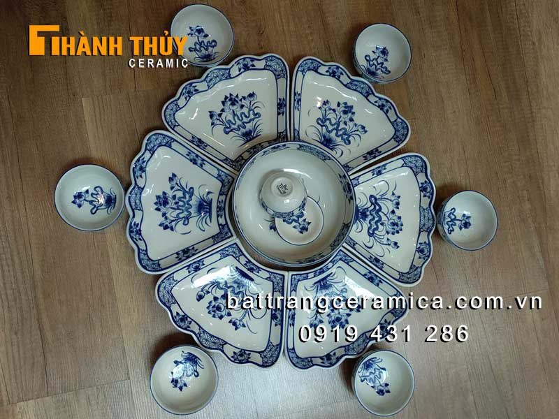 Bộ bát đĩa hoa mặt trời 15 món vẽ Sen Bát Tràng đẹp bền, an toàn 