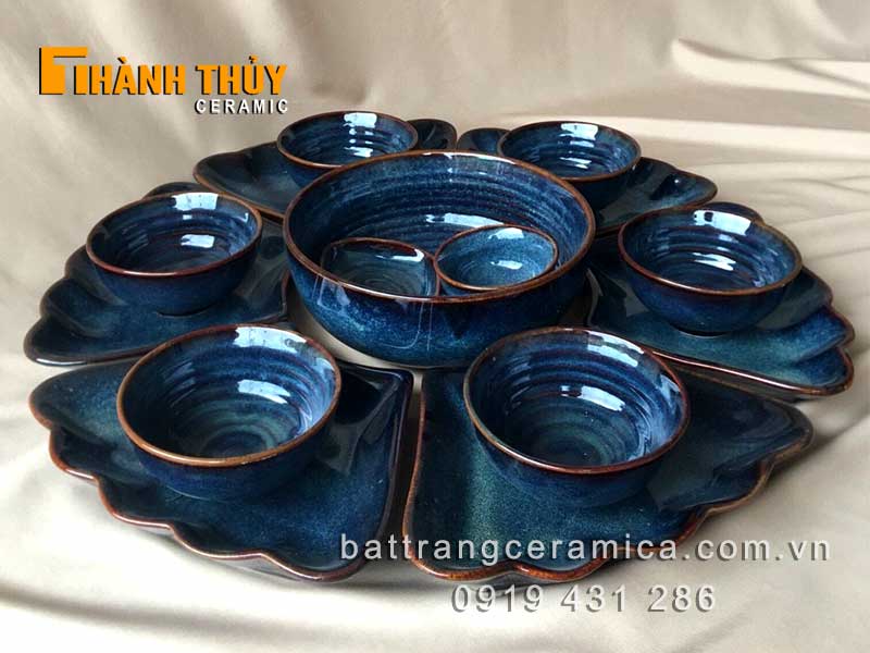 Bộ bát đĩa Hoa Mặt Trời men hỏa biến xanh cao cấp Gốm sứ Bát Tràng 