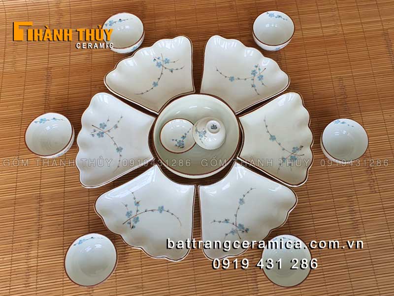 Bộ bát đĩa mâm cỗ vẽ hoa Đào xanh sang trọng giá tốt 