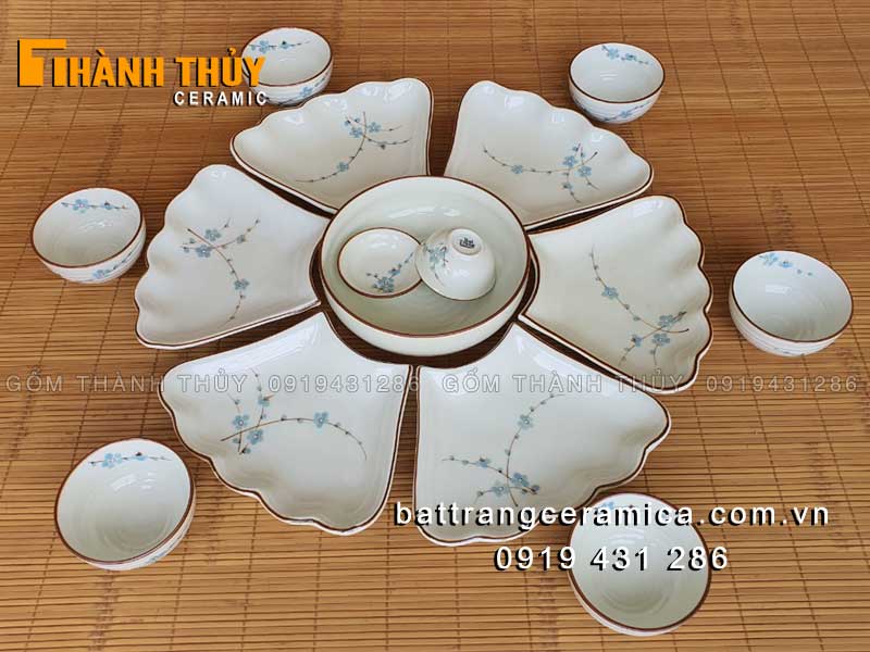 Bộ bát đĩa mâm cỗ vẽ hoa Đào xanh sang trọng giá tốt