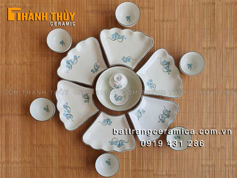 Bộ bát đĩa hoa mặt trời Sen xanh cao cấp sang trọng giá tốt