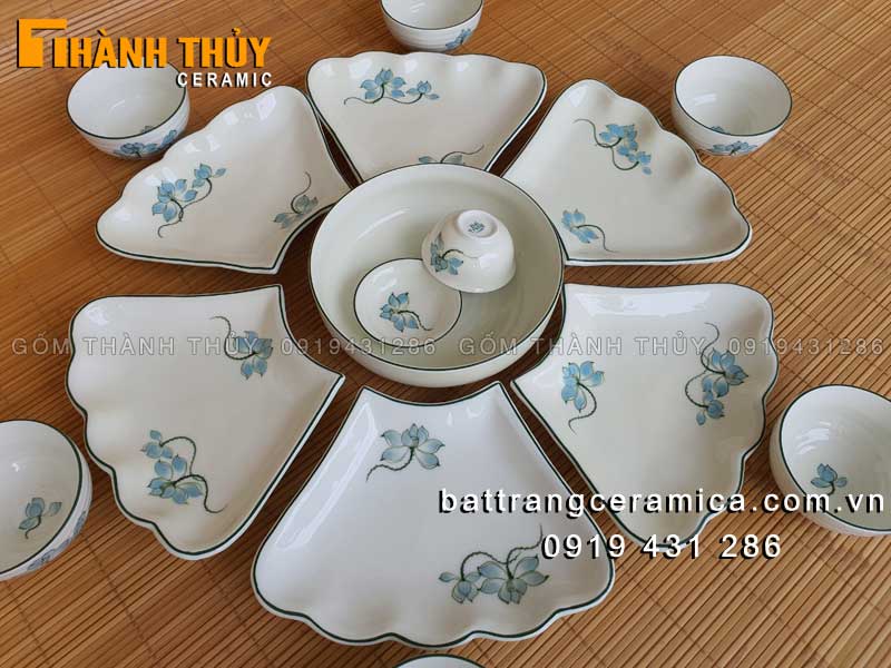 Bộ bát đĩa hoa mặt trời Sen xanh cao cấp sang trọng giá tốt