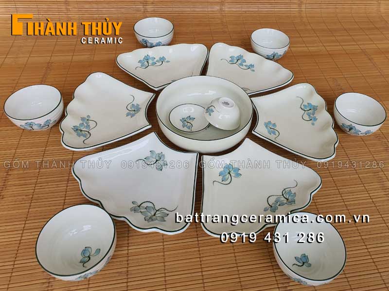 Bộ bát đĩa hoa mặt trời Sen xanh cao cấp sang trọng giá tốt