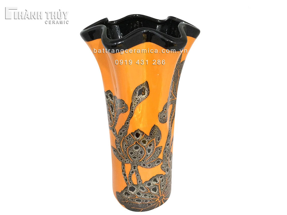 Lọ miệng lượn Cam vẽ Sen quà tặng độc đáo ưu đãi hấp dẫn 