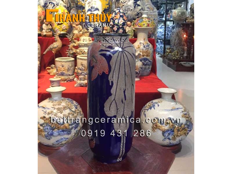 Lọ hoa phích vẽ Sen gốm sứ Bát Tràng cao 35cm quà tặng đẹp