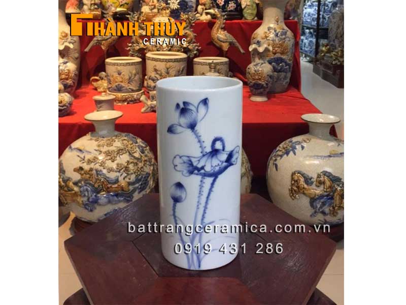Lọ ống trắng vẽ hoa sen cao 22 cm đẹp Bát Tràng trang trí 