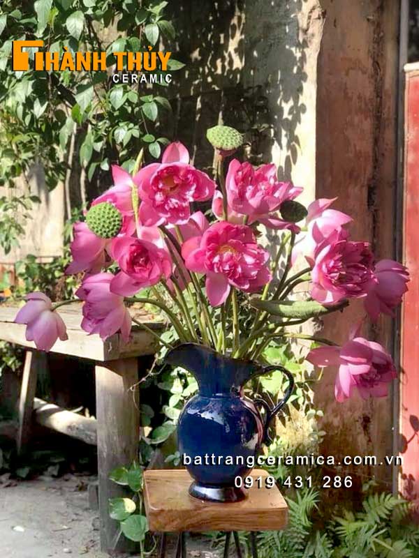 Lọ hoa gốm sứ Bát Tràng xanh saphia cao 35 cm đẳng cấp