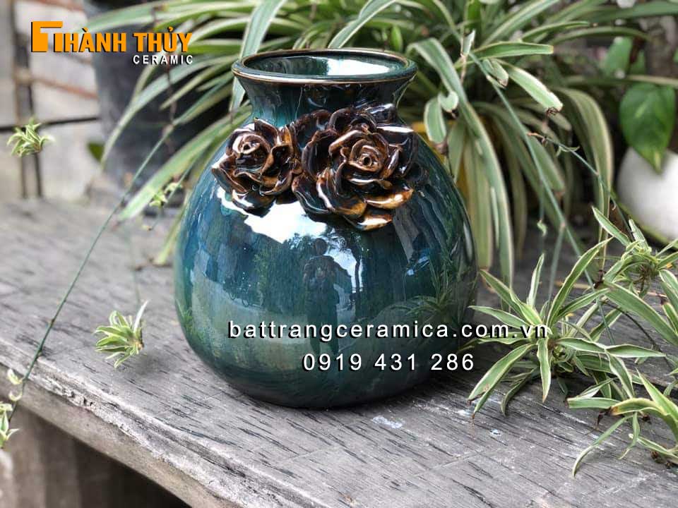 Bình hoa giỏ cua đắp hoa hồng 25cm độc đáo sang trọng tặng quà