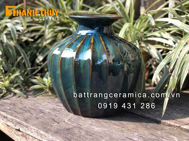 Bình cắm hoa gốm men hoả biến xanh ngọc bích 25cm sang trọng 