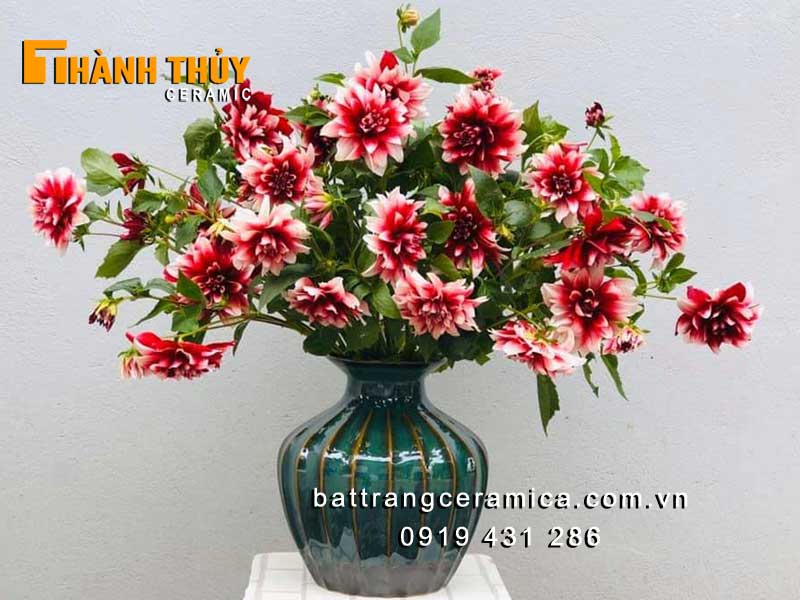 Bình cắm hoa gốm men hoả biến xanh ngọc bích 25cm sang trọng