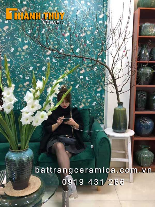 Bình gốm đèn lồng cao 40cm Bát Tràng sang trọng cắm hoa đẹp