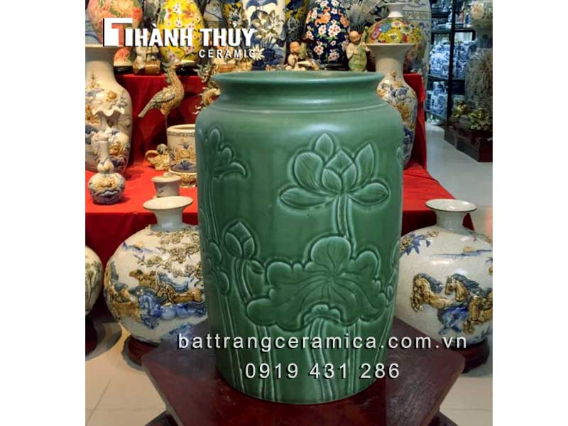 Bình xanh ngọc khắc hoa sen sang trọng quà tặng ý nghĩa 