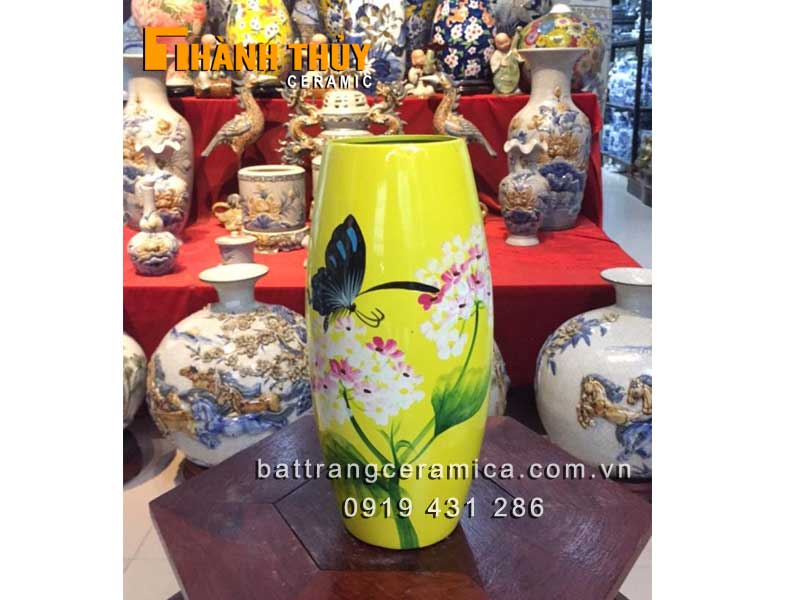 Lọ bom sơn mài vàng vẽ Cẩm Tú Cầu đẹp Bát Tràng trang trí