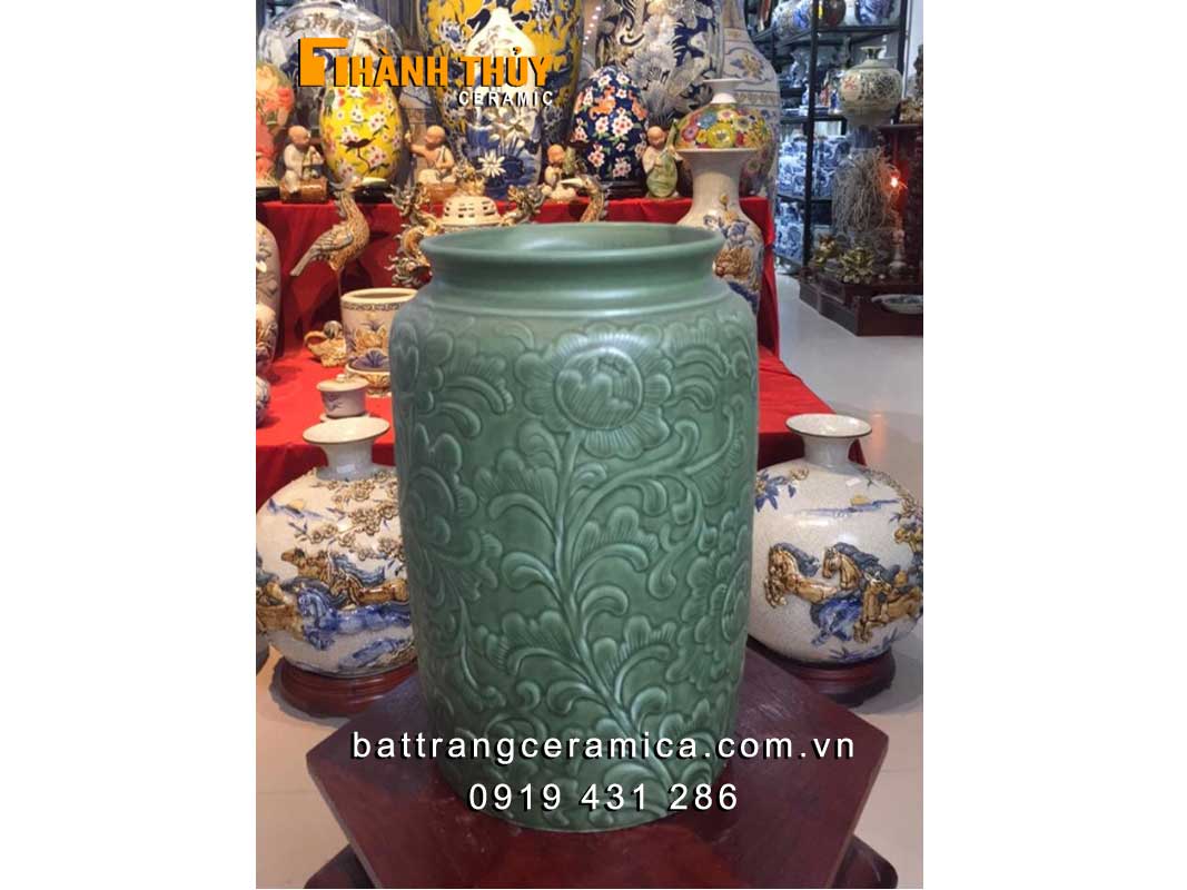 Bình ống men xanh ngọc khắc hoa dây sang trọng trang trí đẹp 