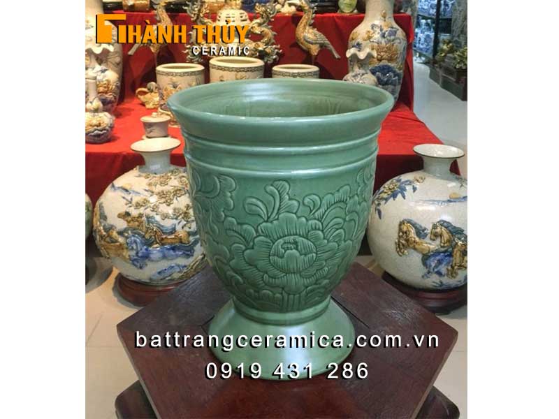 Lọ ly men xanh ngọc khắc hoa tinh xảo sang trọng Bát Tràng 