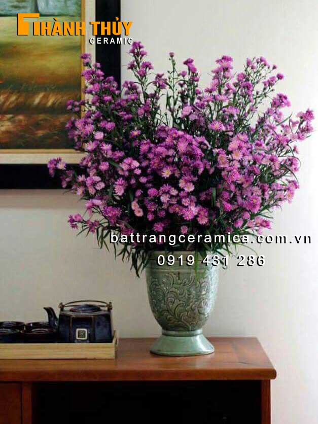 Lọ ly xanh ngọc lớn Bát Tràng sang trọng khắc hoa nổi cao cấp