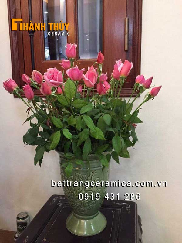 Lọ ly xanh ngọc lớn Bát Tràng sang trọng khắc hoa nổi cao cấp