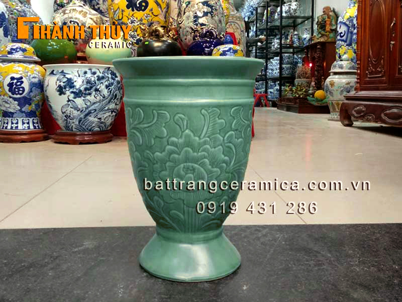 Lọ ly xanh ngọc lớn Bát Tràng sang trọng khắc hoa nổi cao cấp 