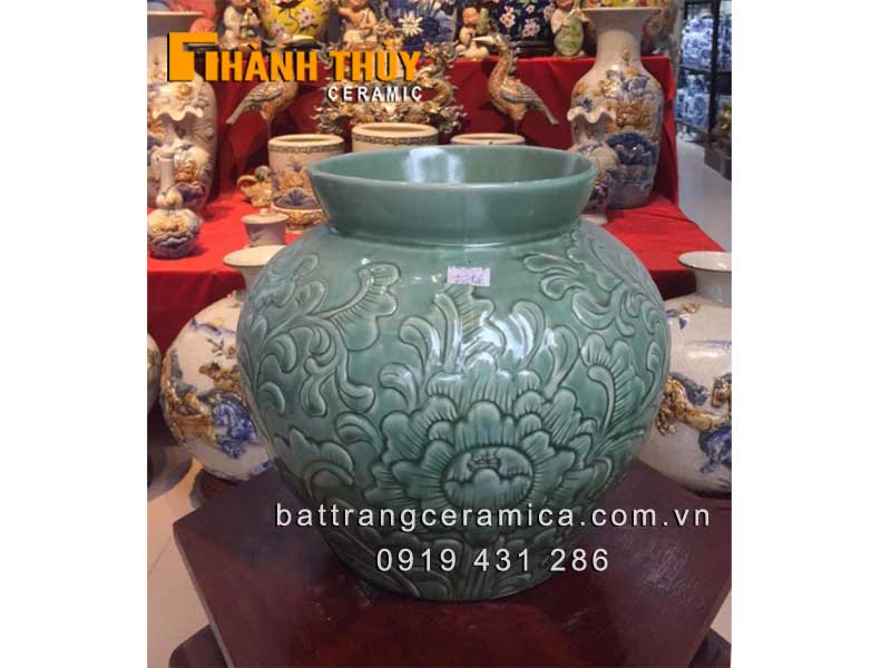 Vò khắc nổi hoa dây xanh ngọc men Bát Tràng sang trọng đẹp 