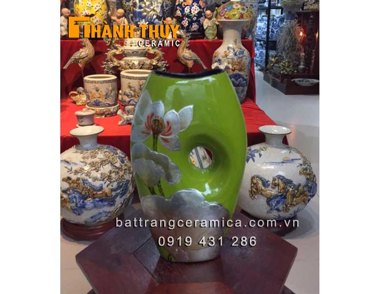 Lọ sơn mài hoa sen xanh lá cây sang trọng trang trí quà tặng