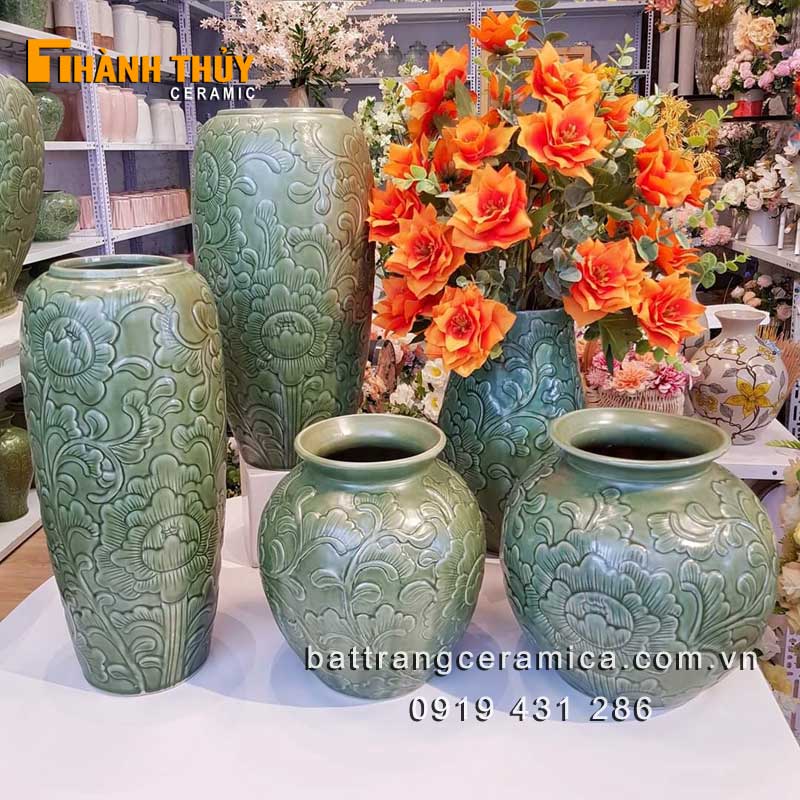 Lọ gốm men xanh ngọc khắc hoa Phù Dung sang trọng đẹp giá tốt