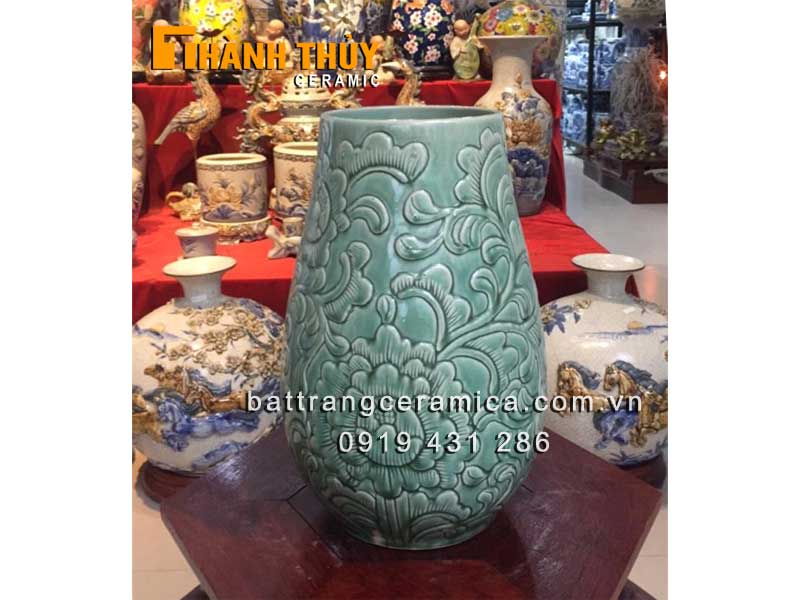 Lọ gốm men xanh ngọc khắc hoa Phù Dung sang trọng đẹp giá tốt 