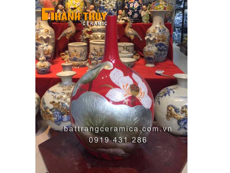 Lọ sơn mài quả gấc sen khảm bạc đỏ sang trọng quà tặng ý nghĩa Lọ sơn mài quả gấc sen khảm bạc đỏ sang trọng quà tặng ý nghĩa