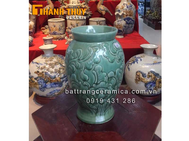 Lọ cắm hoa xanh ngọc khắc hoa nổi tinh tế, sang trọng, quà độc đáo 