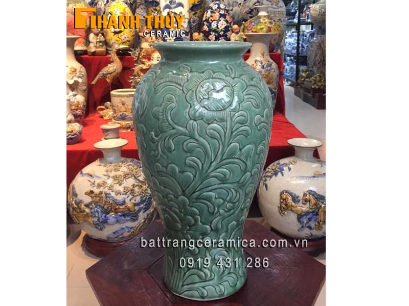 Lọ Đùi Dế Xanh Ngọc Khắc Hoa Nổi Sang Trọng Phù Dung Tinh Tế