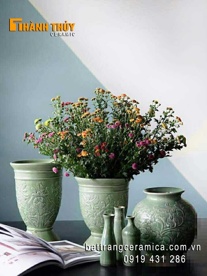 Lọ cắm hoa dáng ly cao 26cm gốm Bát Tràng sang trọng độc đáo