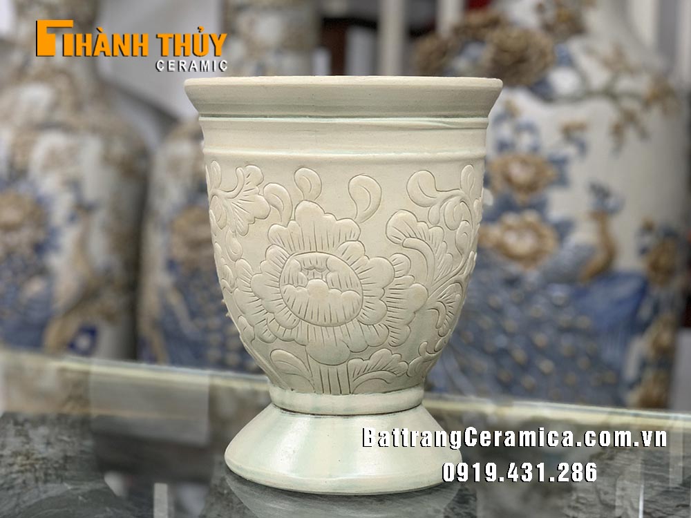 Lọ cắm hoa dáng ly cao 26cm gốm Bát Tràng sang trọng độc đáo 