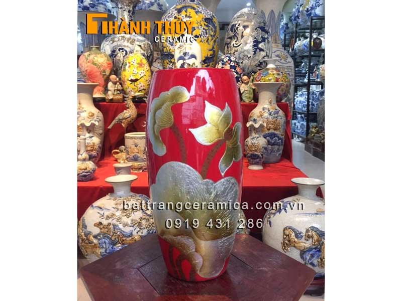 lọ sơn mài đỏ sen khảm bạc cao cấp tinh xảo sang trọng 