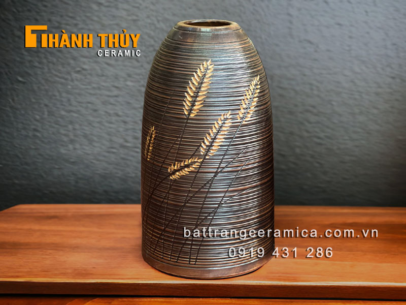 Bình chuông Bát Tràng 52cm khắc bông lau sang trọng cắm hoa đẹp
