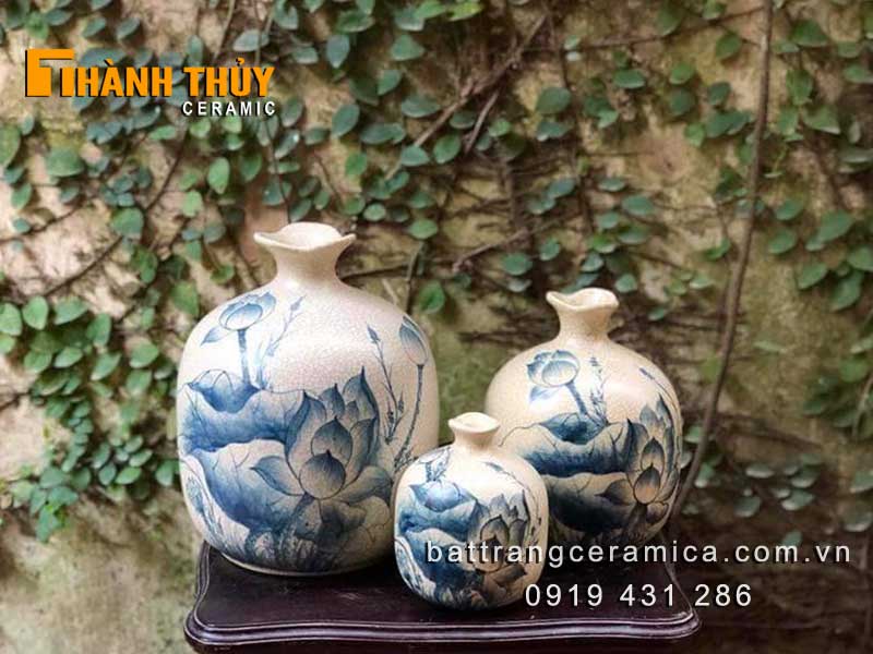 Bộ bình hoa Sen men rạn cao cấp gốm sứ Bát Tràng đẹp