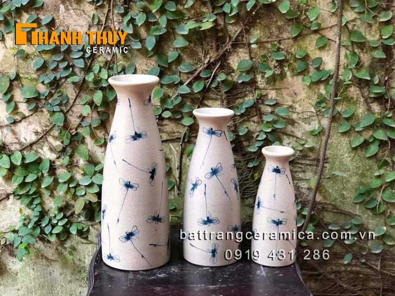 Bộ 3 lọ gốm sứ men rạn cao vẽ chuồn chuồn sang trọng