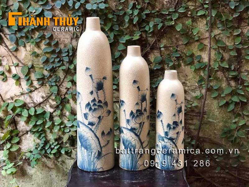 Bộ 3 lọ hoa dáng cao vẽ sen đẹp sang trọng, mua ngay giá tốt