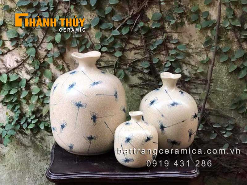 Bình trang trí gốm sứ Bát Tràng bộ 3 vẽ chuồn chuồn đẹp