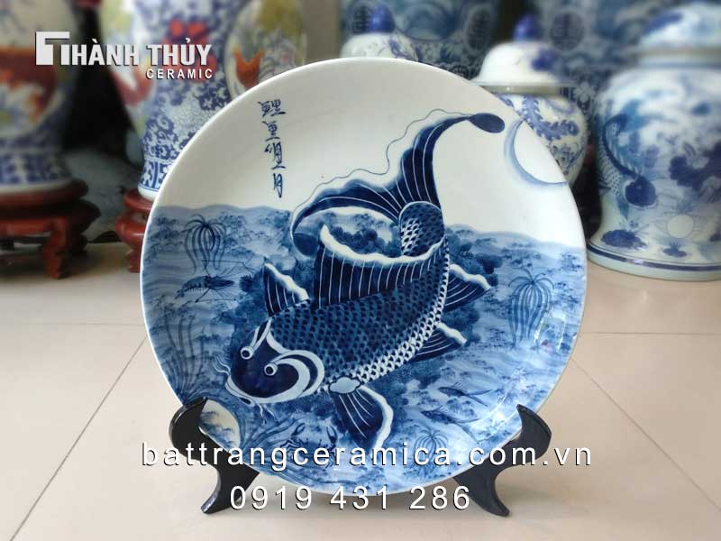 Đĩa lý ngư vọng nguyệt 35cm trang trí phòng khách quà tặng phong thủy 