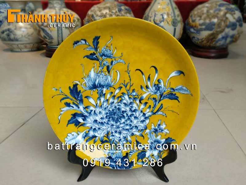 Đĩa cảnh hoa Cúc vàng 30cm ý nghĩa trường thọ trang trí đẹp 
