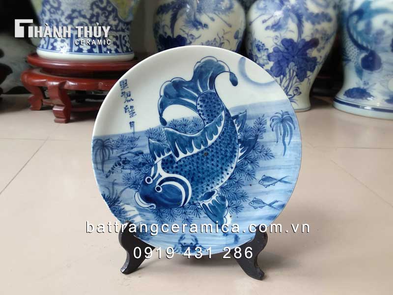 Đĩa cá Chép trông trăng 22cm - Quà tặng phong thủy ý nghĩa 