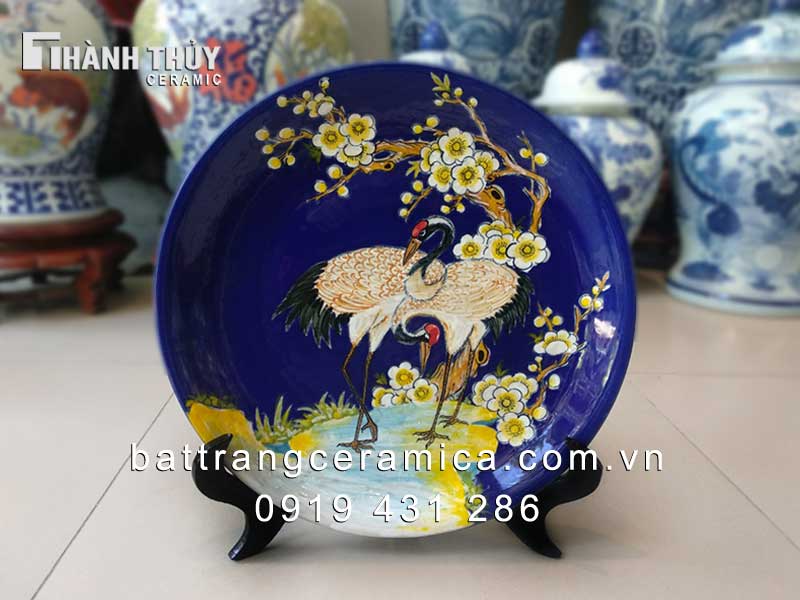 Đĩa cảnh mai hạc men Lam phi 35 cm trang trí phong thủy may mắn tài lộc 