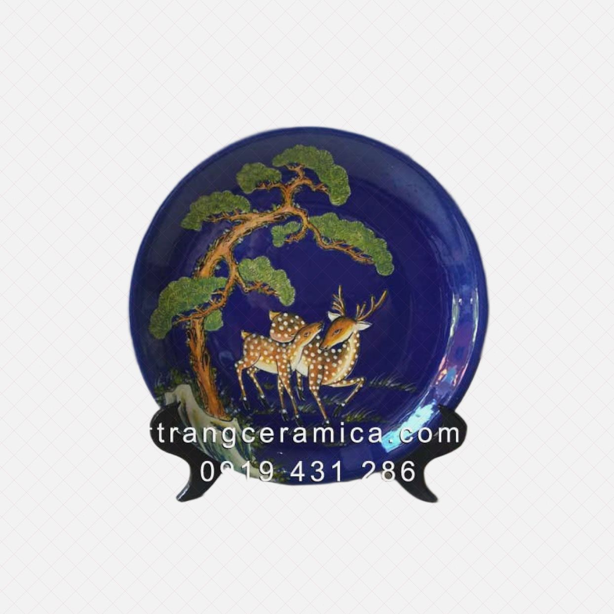 Đĩa cảnh Tùng Lộc men Lam 35cm phong thủy giá tốt may mắn 
