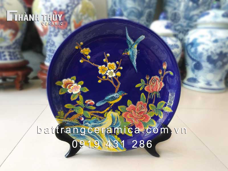 Đĩa sứ cảnh vẽ Hỷ Thước Đăng Mai 35cm phong thủy làm quà 